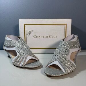 Charter Club Silver Pearl Embellished Wedge Sandals Women's Size 5.5 M‎